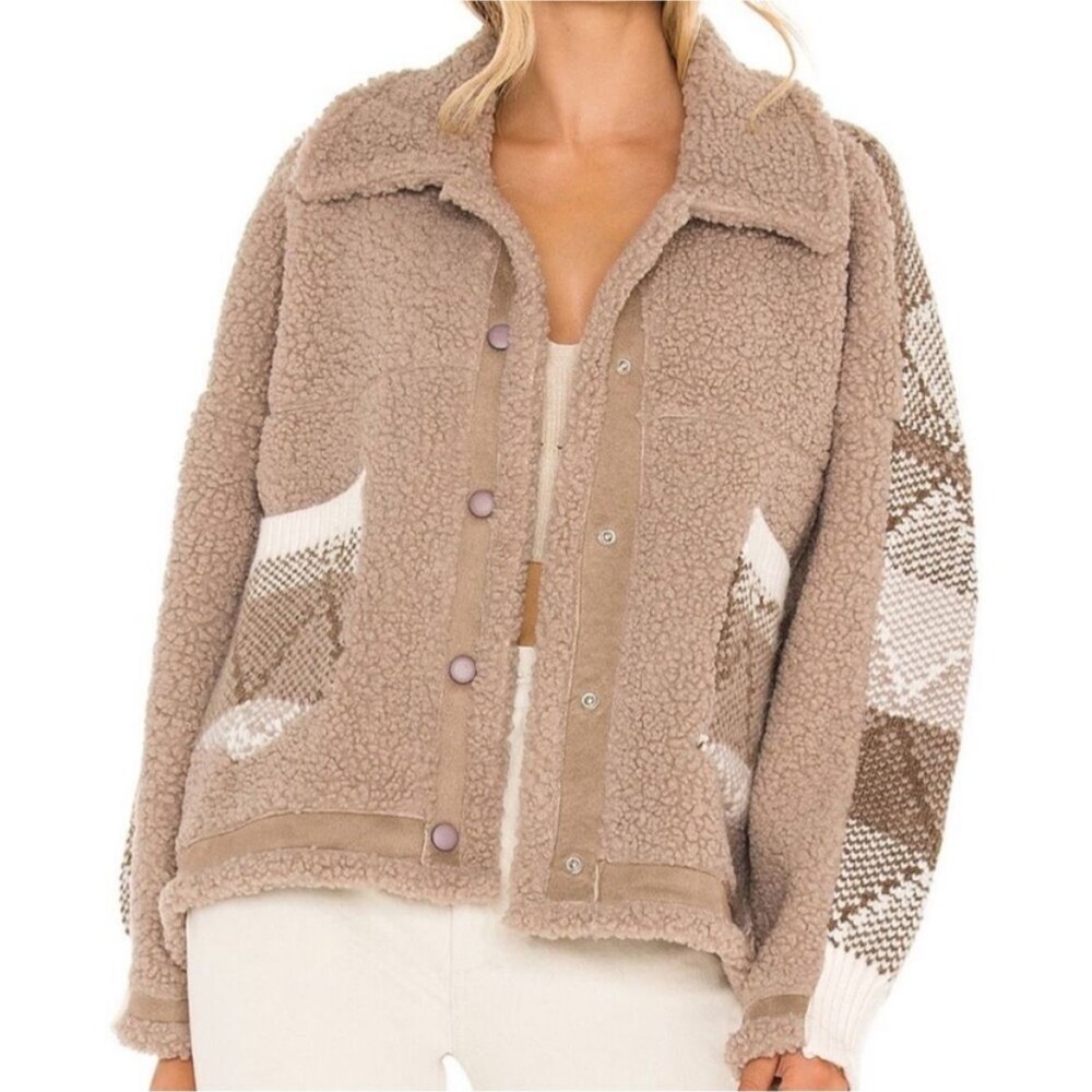 BLANKNYC Sherpa Button Front Jacket Comfort Queen Taupe Teddy Coat Knit Back XS